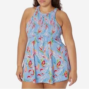 Fit 4 U Blue Floral Hi Neck Babydoll Swim Dress Resort Style 16